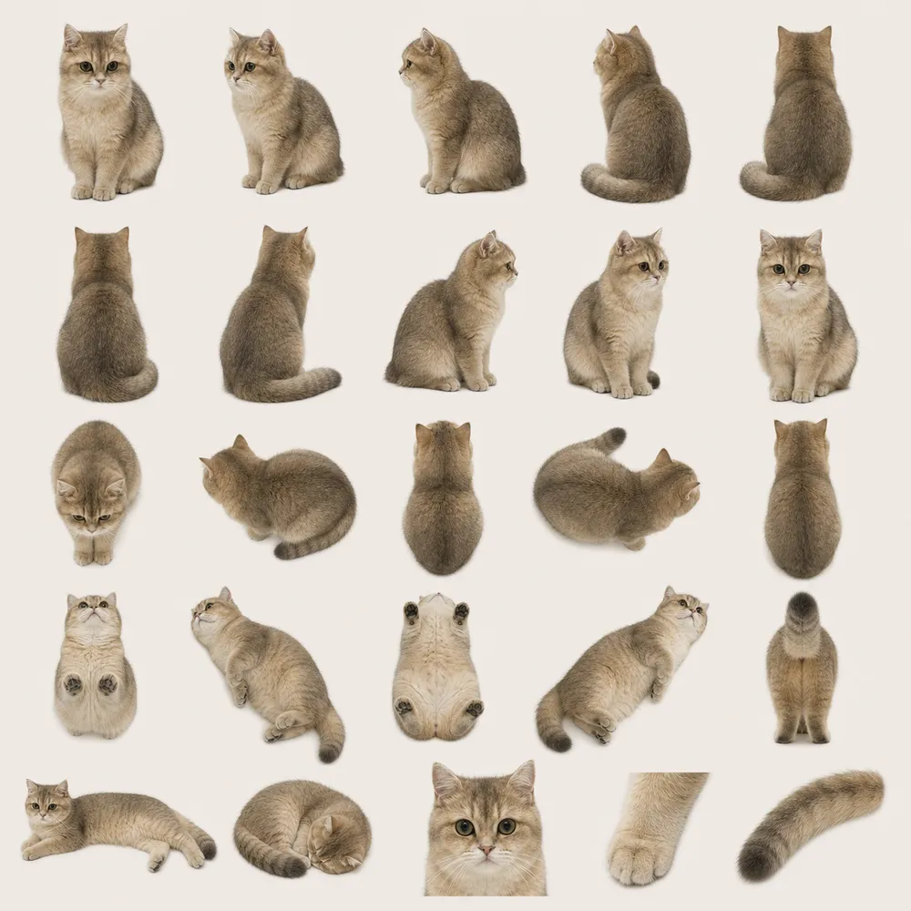 A generated pose sheet for Jiazi: twenty-five poses of the same cat, sitting, curled up and stretched out, seen from the front, the side, the back and above